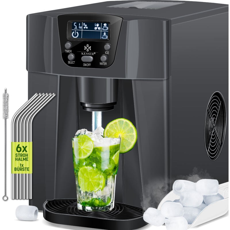 KESSER® Machine à glaçons Machine à glaçons acier inoxydable 100W Ice Maker 12 kg 24 h 2 tailles de cubes Préparation en 6 min Réservoir d'eau 2