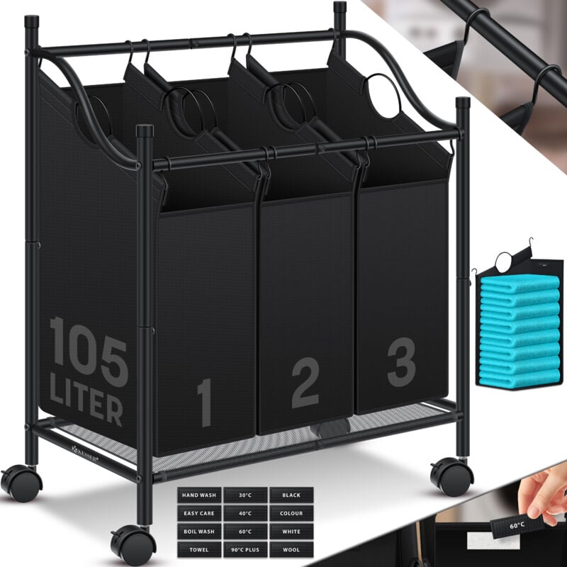 Panier à linge Collecteur de linge Trieur de linge avec poches amovibles en tissu Boîte à linge avec 12 indications de lavage Roulettes 360° avec