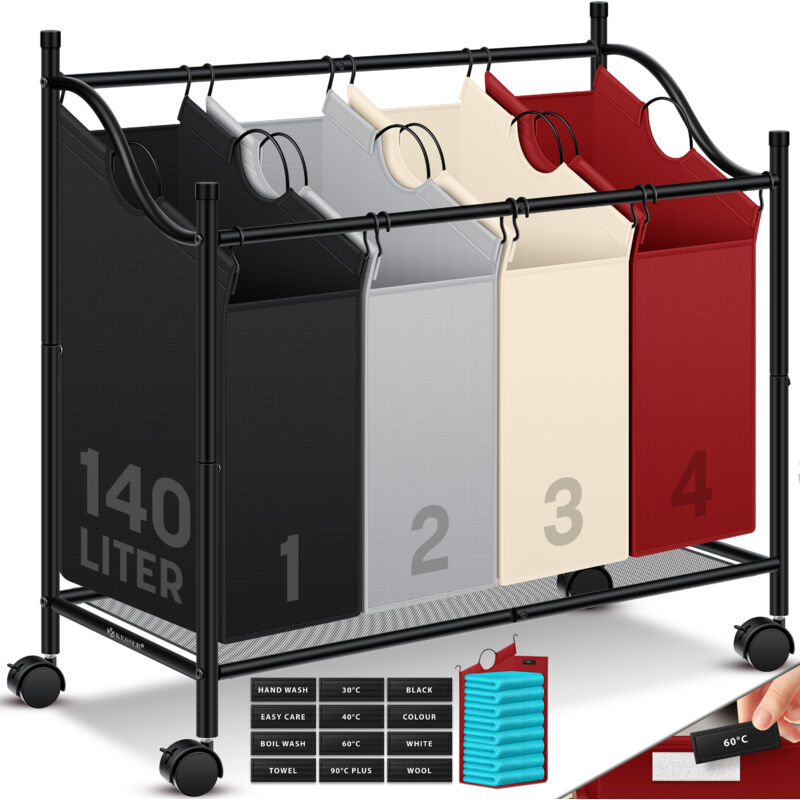 Panier à linge Collecteur de linge Trieur de linge avec poches amovibles en tissu Boîte à linge avec 12 indications de lavage Roulettes 360° avec