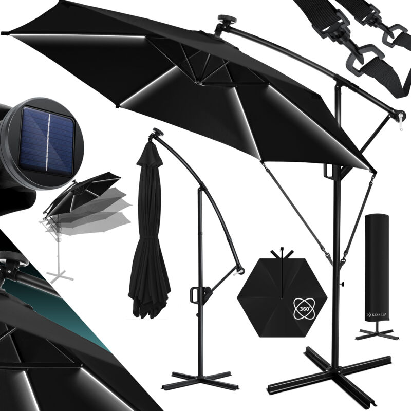 Kesser - Parapluie led Solaire + Couverture avec manivelle Protection uv Aluminium avec interrupteur marche/arrêt Hydrofuge - Parasol Noir / 350cm