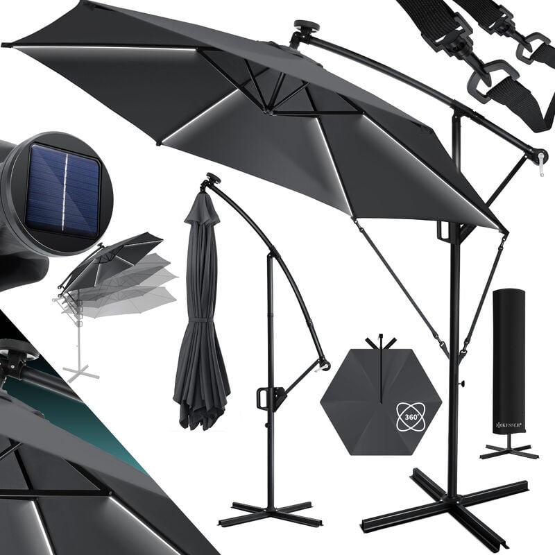 Parapluie led Solaire + Couverture avec manivelle Protection uv Aluminium avec interrupteur marche/arrêt Hydrofuge - Parasol 350cm / Anthracite
