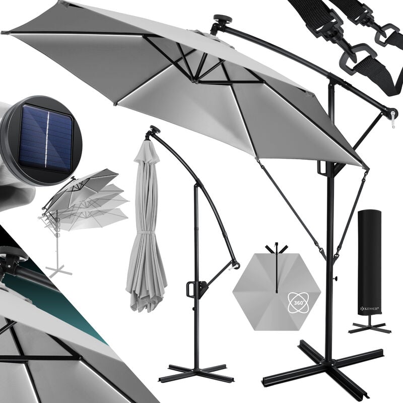 Parapluie led Solaire + Couverture avec manivelle Protection uv Aluminium avec interrupteur marche/arrêt Hydrofuge - Parasol 350cm / Gris clair
