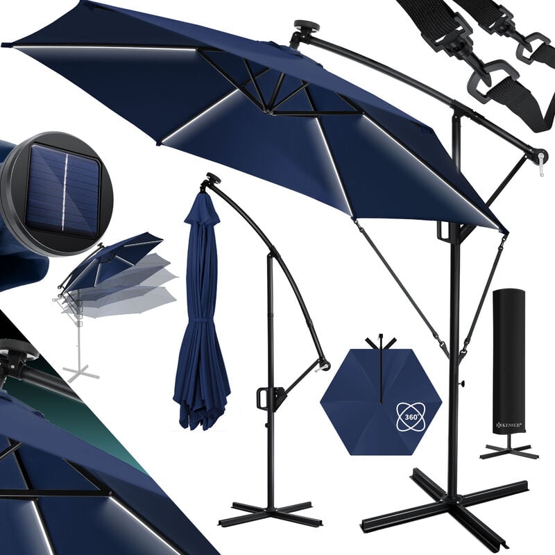 Parapluie led Solaire + Couverture avec manivelle Protection uv Aluminium avec interrupteur marche/arrêt Hydrofuge - Parasol 300cm / Bleu marine