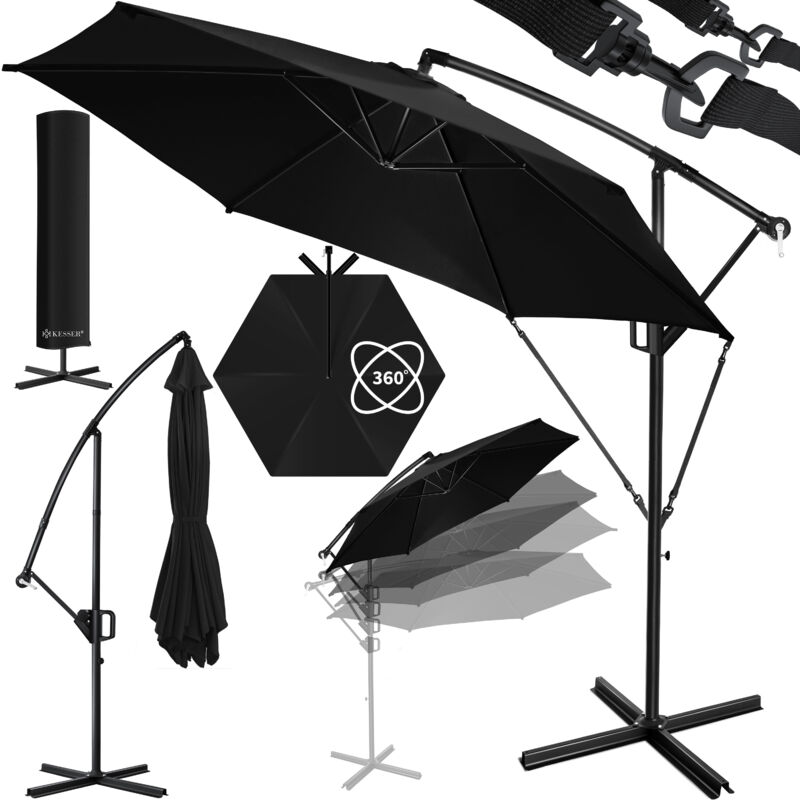 Kesser - Alu Parasol + Couverture Ø300 cm / Ø350 cm avec manivelle Parasol à manivelle avec support Protection uv Aluminium Noir / 350cm