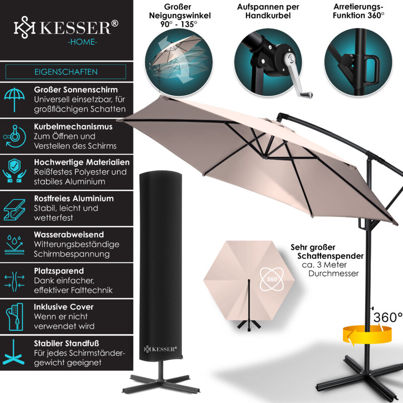 Kesser - Alu Parasol + couverture Ø300 cm / Ø350 cm avec manivelle Parasol à manivelle avec support protection uv aluminium 300cm / Taupe