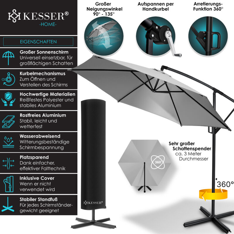 KESSER® Alu Parasol + Couverture Ø300 cm / Ø350 cm avec manivelle Parasol à manivelle avec support Protection UV Aluminium 300cm / Gris clair