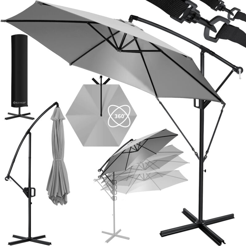 Kesser - Alu Parasol + Couverture Ø300 cm / Ø350 cm avec manivelle Parasol à manivelle avec support Protection uv Aluminium 350cm / Gris clair