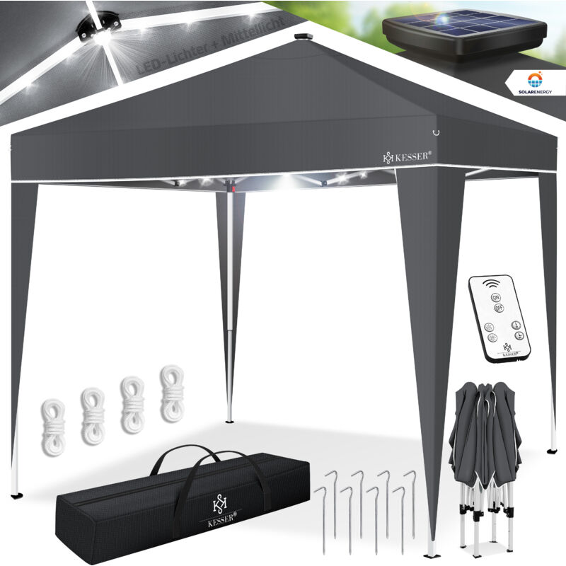 Kesser - Pavillon pliable 3x3m avec éclairage led Télécommande solaire Tente de jardin réglable en hauteur & étanche + sac Ancrage au sol Anthracite