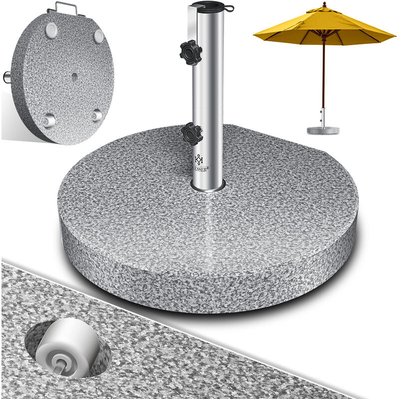 Pied de parasol en granit avec tube en acier inoxydable Socle de parasol de haute qualité 30KG - pour tiges de parasol jusqu'à 16-48 mm Poignée de