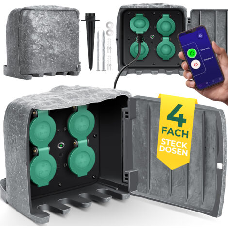 KESSER® Presa da giardino Stone-look con 4 prese - con funzione WiFi Controllo tramite app - Incluso picchetto di terra Prese multiple da esterno con prolunga da 3 m Grigio / Box - con WiFi