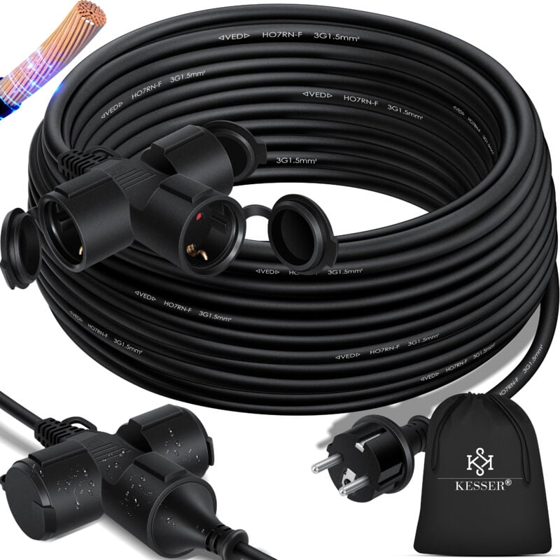 Rallonge avec capuchon de protection Outdoor - pour intérieur extérieur - Rallonge câble électrique - 230 v IP44 - avec fiche Schuko Noir / 25m