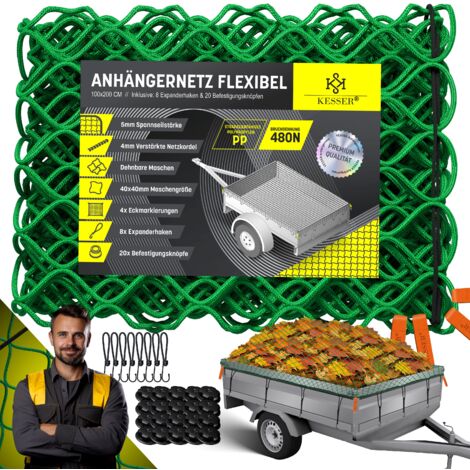 KESSER® Red de Remolque Estirable de malla fina con ganchos  Red de remolque con cuerda tensora y cuerda de red para asegurar la carga  Red de seguridad elástica con marcas en las esquinas ganchos de 