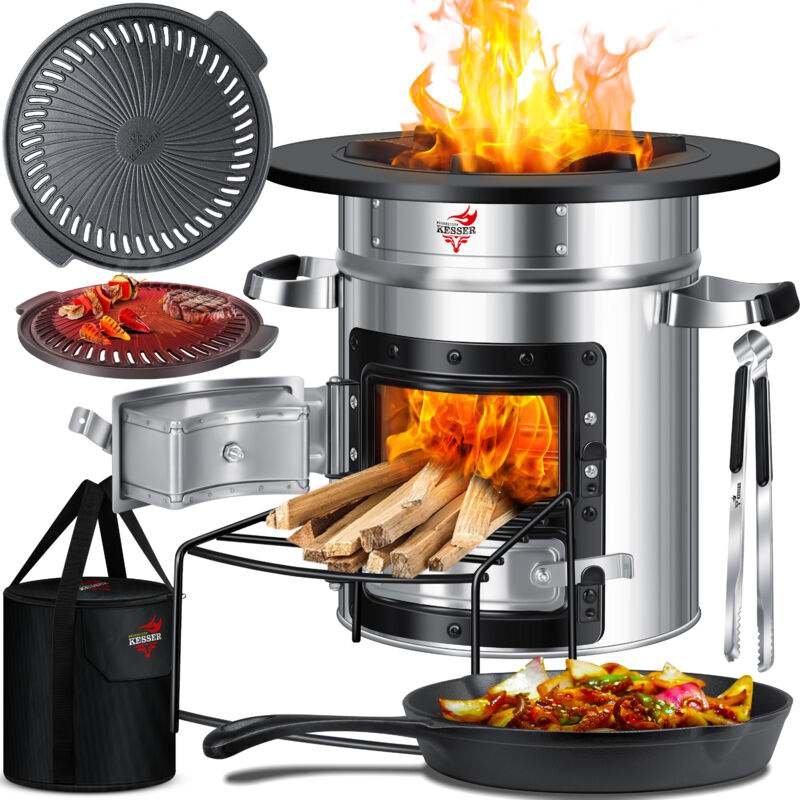 Kesser - Four-fusée avec poêle à griller en fonte et sac de transport Dutch Oven bbq Rakete Holzofen Campingkocher Campinggrill Acier inoxydable