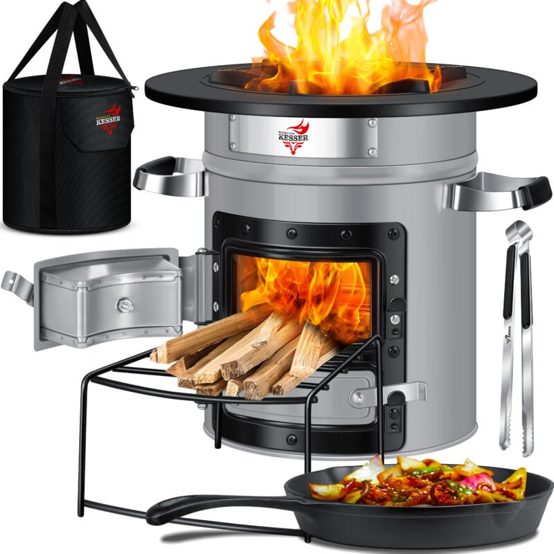 Kesser - Poêle-fusée avec poêle en fonte et sac de transport Poêle hollandais bbq fusée four à bois camping cuiseur camping grill Acier inoxydable