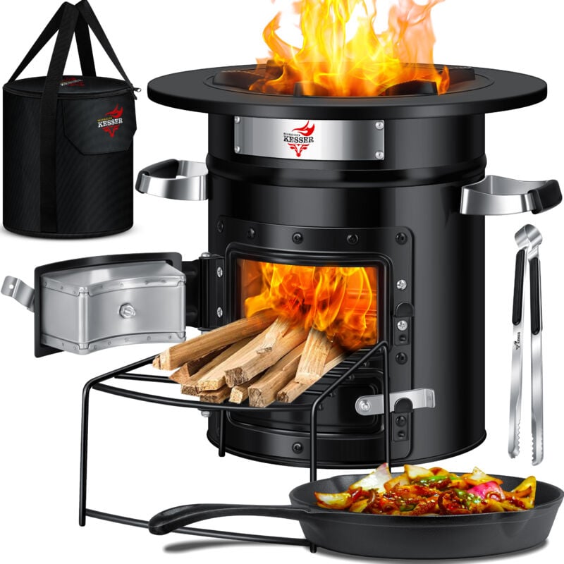 Kesser - Four-fusée Avec poêle à griller en fonte et sac de transport Four hollandais bbq Fusée Four à bois Camping Cuisinière Camping-barbecue Acier