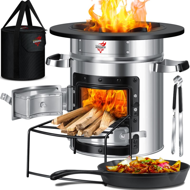 Kesser - Four-fusée avec poêle en fonte et sac de transport Four hollandais bbq fusée four à bois camping cuiseur camping Acier inoxydable Argenté