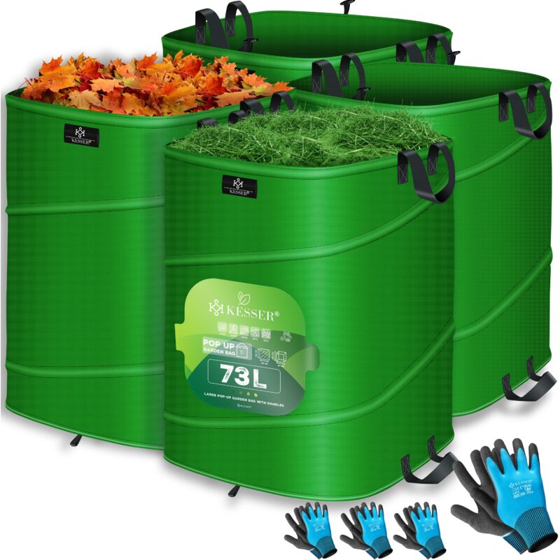 Kesser - Sac de jardin Pop-Up Sac à feuilles Sac à déchets de jardin avec gants Autonome avec poignées Stable Robuste & Pliable Vert / Noir, 4x 73