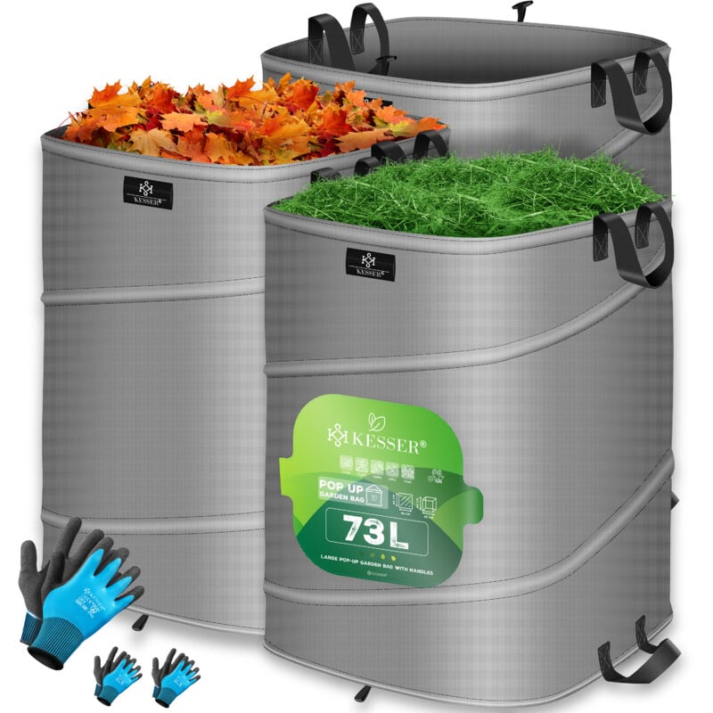 Kesser - Sac de jardin Pop-Up Sac à feuilles Sac à déchets de jardin avec gants Autonome avec poignées Stable Robuste & Pliable Gris / Noir, 3x 73
