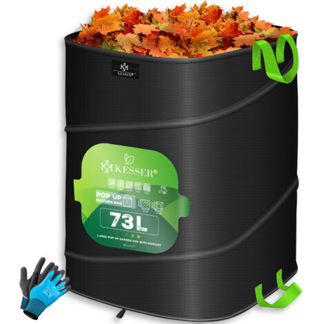 KESSER® Sacchetto pop-up per il giardino Sacchetto per foglie Sacchetto per rifiuti urbani incl. guanti  Autoportante con manici Robusto e pieghevole  Nero / Verde chiaro, 1x 73 litri