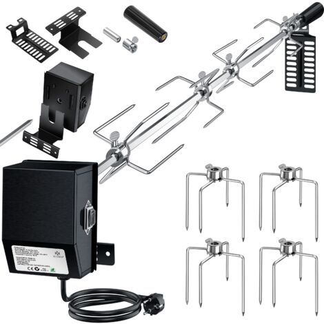 KESSER® Set di spiedini per barbecue in acciaio inox 107cm adatto per barbecue a gas Weber Spirit con 4X spine per carne Morsetto per carne BBQ maniglia e girarrosto motore nero