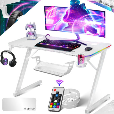 KESSER® Table de jeu ultime  Z-Frame Bureau de jeu avec porte-boisson  Crochet pour écouteurs  Table d'ordinateur PC Table ergonomique pour gamer  120 x 60 cm  Blanc carbone avec LED