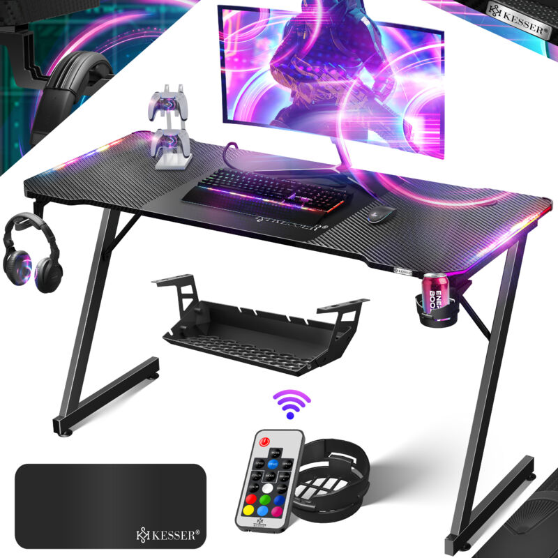 KESSER® Table de jeu ultime Z-Frame Bureau de jeu avec porte-boisson Crochet pour écouteurs Table d'ordinateur PC Table ergonomique pour gamer 140 x