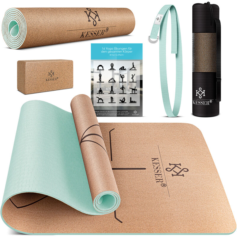 Kesser - Tapis de yoga en liège avec sangle de transport, sac et bloc de yoga Tapis de gymnastique Tapis de yoga antidérapant en caoutchouc naturel