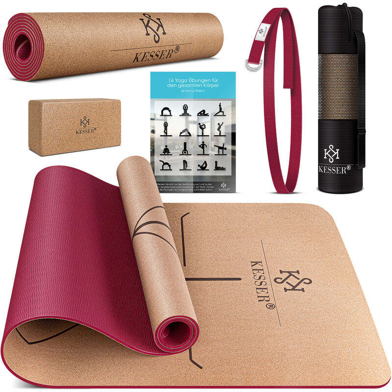 Kesser - Tapis de yoga en liège avec sangle de transport, sac et bloc de yoga Tapis de gymnastique Tapis de yoga antidérapant en caoutchouc naturel