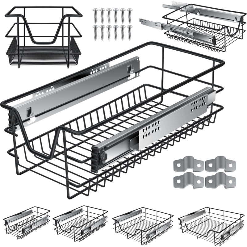 Tiroir télescopique Tiroir de cuisine Armoire de cuisine Coulisse à panier Coulisse à armoire Tiroir à extension totale 1x 30cm - Noir - Kesser