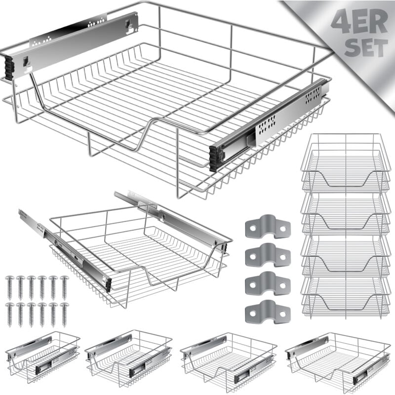 Tiroir télescopique Tiroir de cuisine Armoire de cuisine Coulisse de panier Coulisse d'armoire Coulisse à sortie totale Tiroir 4x 60cm - Argenté