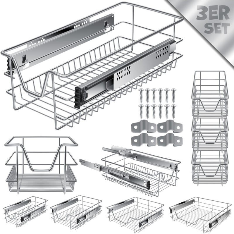 KESSER® Tiroir télescopique Tiroir de cuisine Armoire de cuisine Coulisse de panier Coulisse d'armoire Coulisse à sortie totale Tiroir 3x 30cm