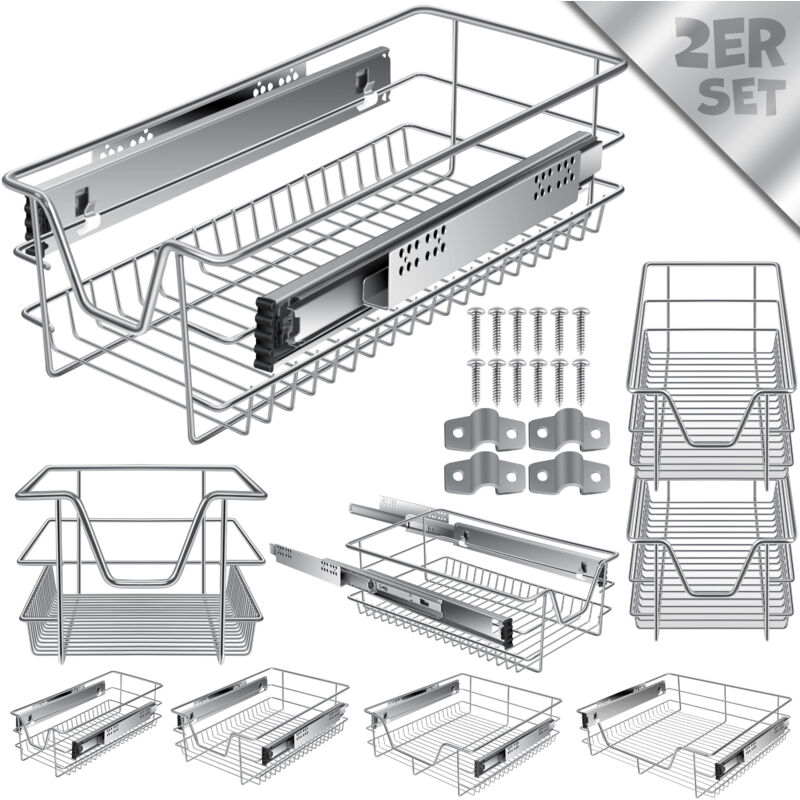 Tiroir télescopique Tiroir de cuisine Armoire de cuisine Coulisse de panier Coulisse d'armoire Coulisse à sortie totale Tiroir 2x 30cm - Argenté