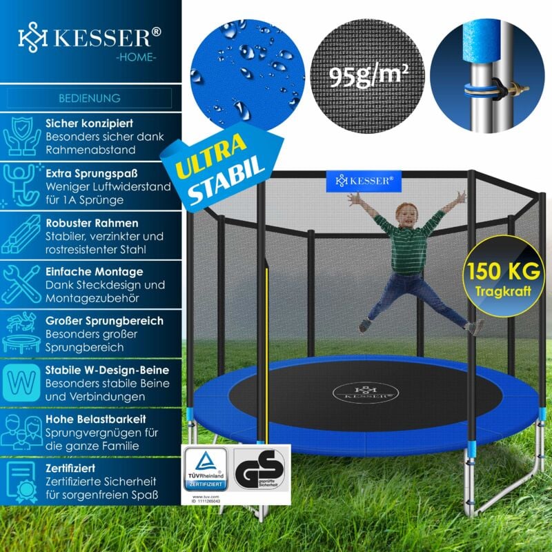 Trampoline Certifié tüv Rheinland gs Kit complet avec filet de sécurité Échelle Couverture de bord & Accessoires Trampoline de jardin pour enfants