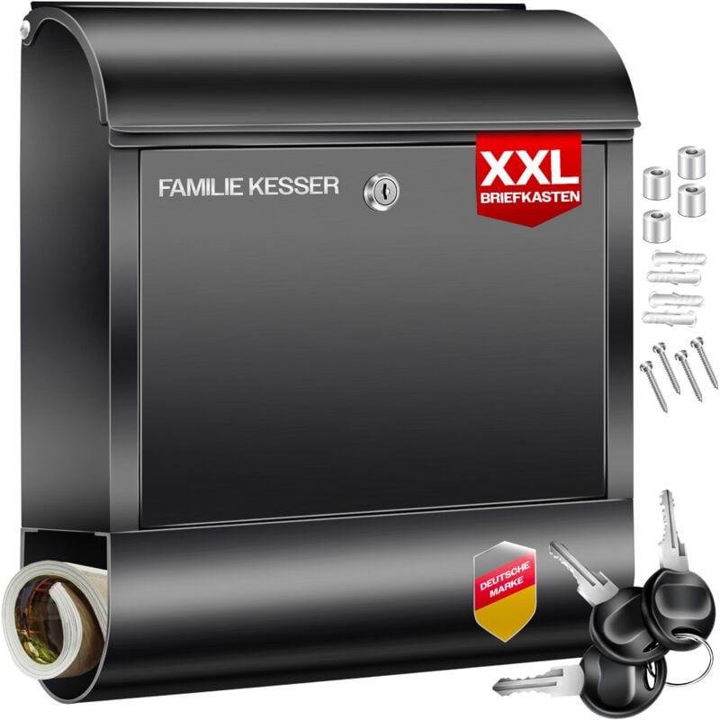 Kesser - xxl Boîte aux lettres en acier inoxydable avec compartiment pour les journaux brossé 3x clés verrouillables Revêtement par poudre Montage