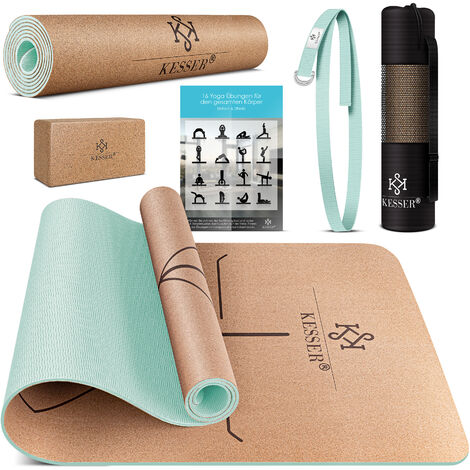 KESSER® Yogamatte Kork Inkl. Tragegurt Tasche & Yoga-Block Gymnastikmatte Yoga Matte rutschfest aus Naturkautschuk TPE Fitnessmatte Mint Grün