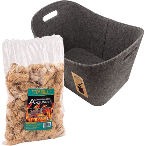 Kestek Holzkorb Set6 Filz Kaminholzkorb in Anthrazit und Stabilo Kaminanzünder 1kg