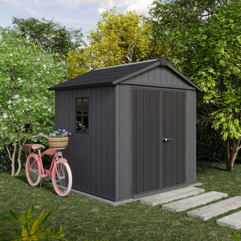 Keter – Abri de jardin Newton Plus 757 – 4,4 m² – Panneaux en résine imitation bois – Double porte – Résistant aux intempéries