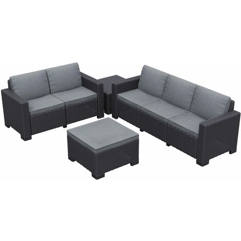 Keter California 5 Seater with 3 seater sofa and a 2 seater sofa Outdoor Garden Furniture Lounge Set - Graphite with Grey Cushions
