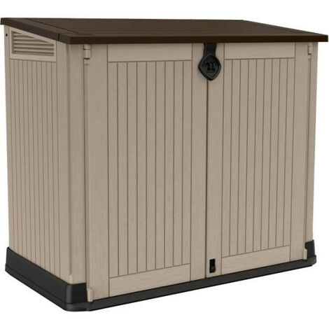 Keter – Coffre de jardin en résine 880 litres – Double ouverture sans vérins – Couleur beige et marron – Résistant aux intempéries