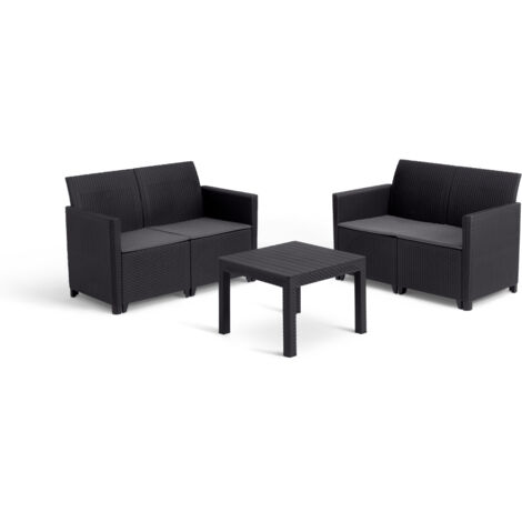 Keter Conjunto de jardín Exterior Alice 4 plazas con Cojines incluidos y Mesa Auxiliar, Posibilidad de 2 configuraciones de Montaje, Color Negro