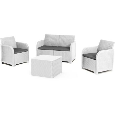 KETER Conjunto de Jardín Sanremo con Dos sillones y sofá de 2 plazas con Mesa Auxiliar, Resina imitación ratán Trenzado, Color Blanco