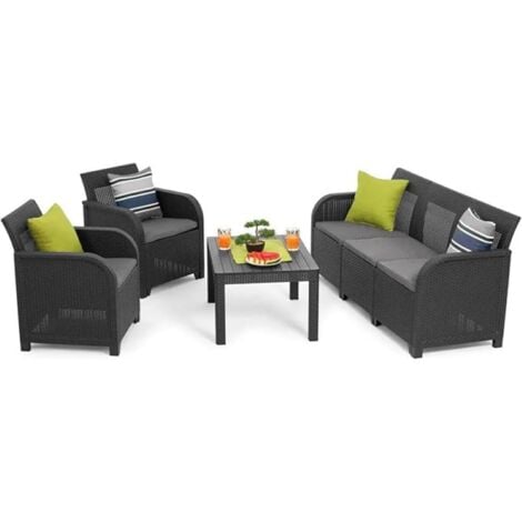 LES TENDANCES KETER Conjunto de Jardín Sanremo con Dos sillones y sofá de 3 plazas con Mesa Auxiliar, Resina imitación ratán Trenzado.