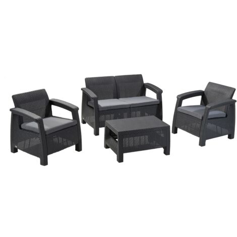 KETER Conjunto de jardín terraza balcón exterior CORFU grafito Mesa 77x57x42 Sillas 75x70x79 Sofá 128x70x79  AnxPxAl cm