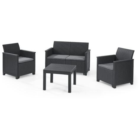 KETER Conjunto de Jardín terraza EMMA sofá + sillas sillones + mesa cojines grafito Mesa 58.5x58.5x43  Sillas 63x65x74  Sofa 113x65x74 AnxPxAl cm