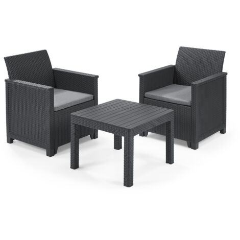 KETER Conjunto de terraza Jardín EMMA cojines grafito Mesa 58,5x58,5x43 Silla/Sillón 63x65x74 Sofá 113x65x74 AnxPxAl cm