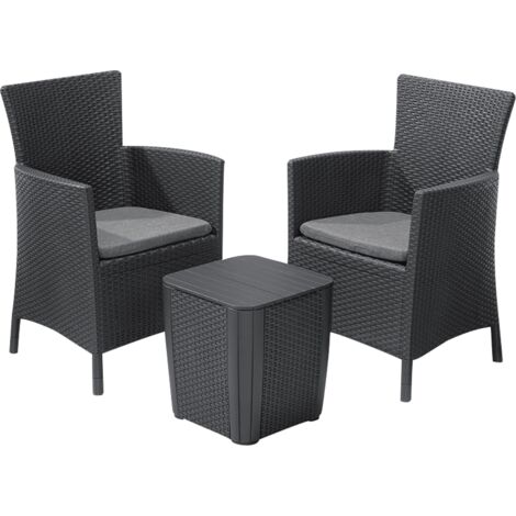KETER Conjunto Sillón y Mesa IOWA GRIS balcón Terraza Jardín Exterior resina con Cojines silla (2x): 62 x 60 x 89 , mesa: 39 x 39 x 42 cm