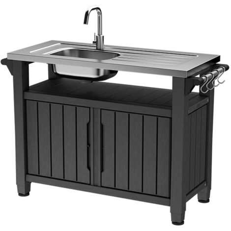 Keter – Desserte de jardin avec évier intégré en résine traitée anti UV – Plan de travail en acier inoxydable – Capacité 207L – 134x52x90 cm