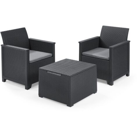 Keter Emma Balcony Set - Mobile da esterno composto da due poltrone con cuscini e tavolino contenitore, grafite
