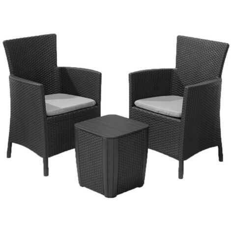 Keter – Ensemble de salle à manger d'extérieur 3 pcs – Résine synthétique – 2 fauteuils avec coussins – Table basse coffre – Couleur gris anthracite
