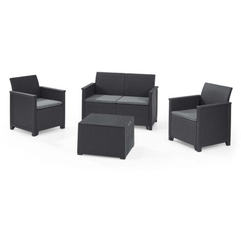 Keter – Ensemble salon de jardin 2 fauteuils + canapé 3 places + table de rangement – Structure solide – Résistant aux intempéries – Assemblage rapide
